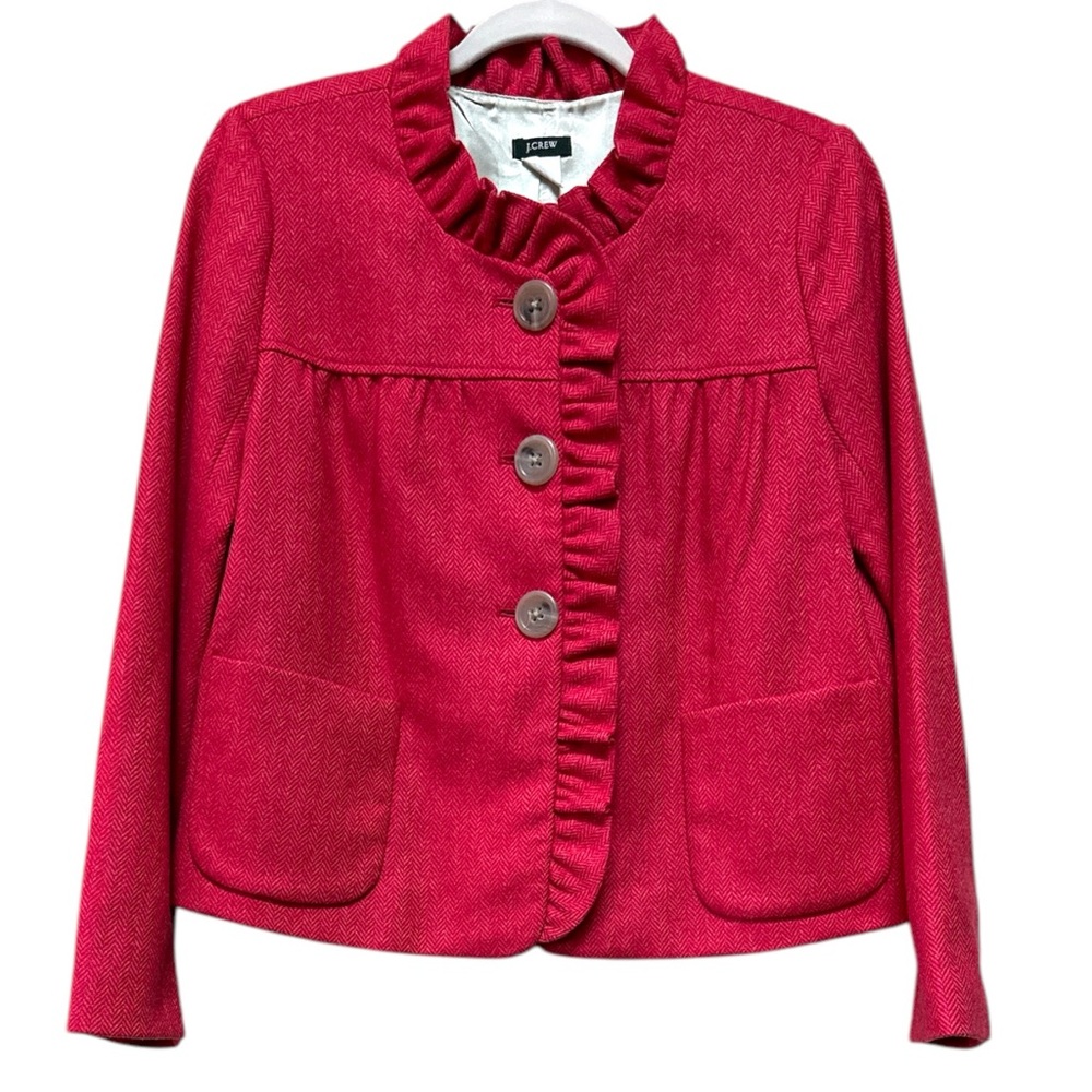 J. Crew Fiona Lined Herringbone Jacket with Ruffle Detail in Red, Size 6